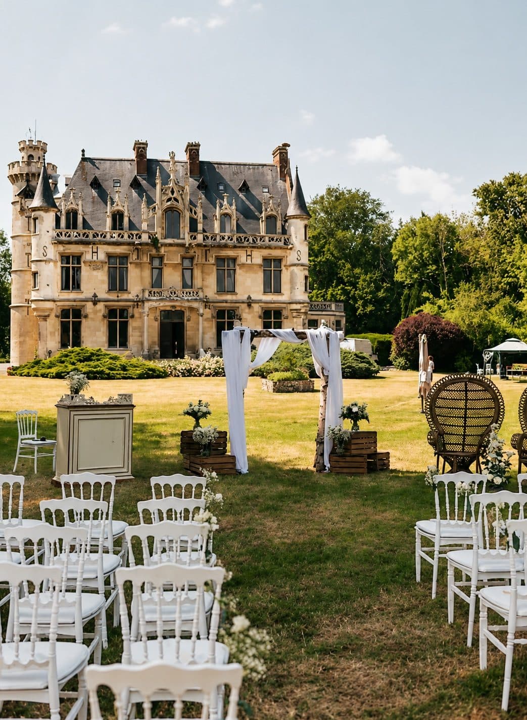 Chaises blanches installées pour une cérémonie dans le parc, face à la façade du château