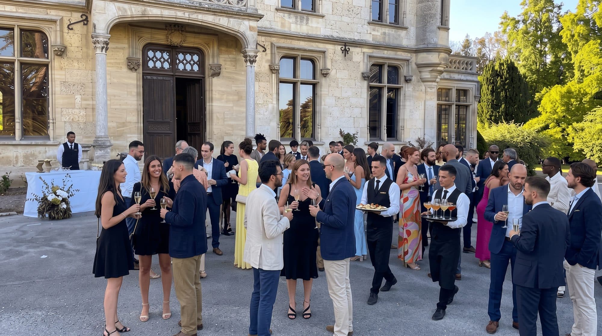 Invités en cocktail devant la façade du château, coupes à la main