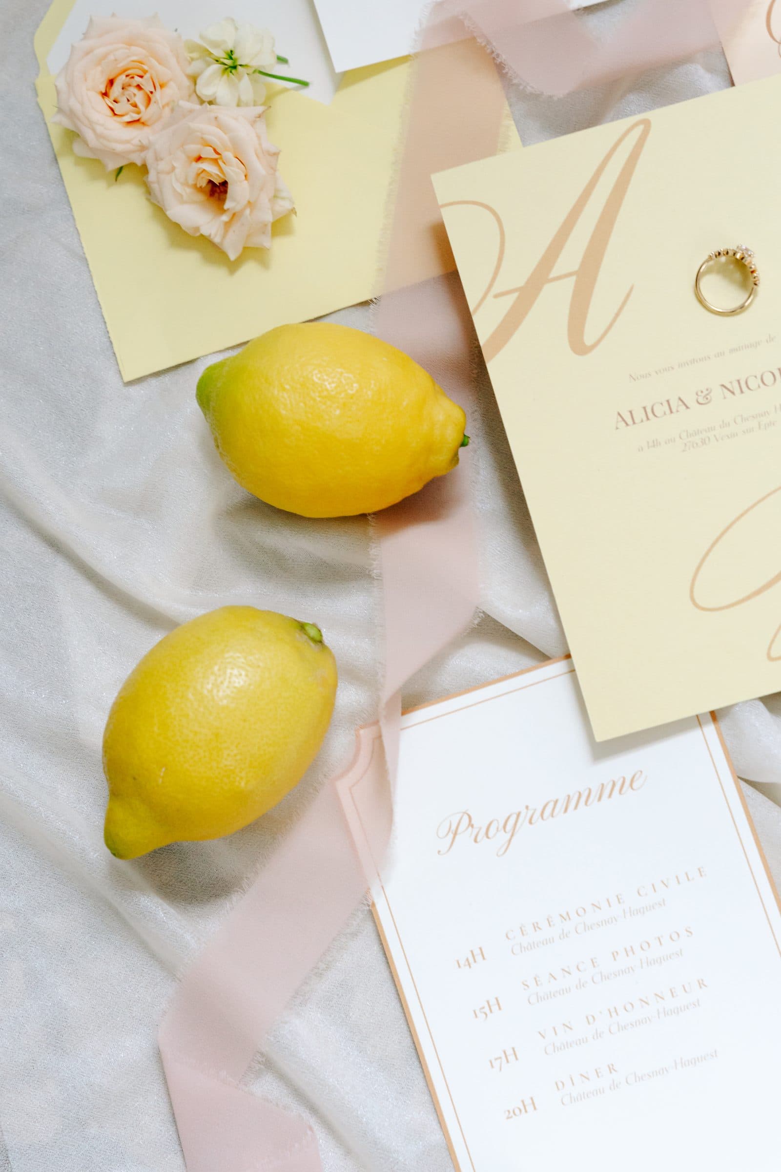 Papeterie de mariage, citrons et fleurs