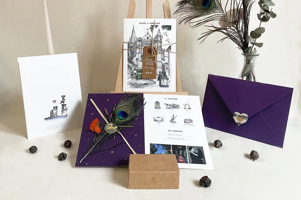 Papeterie illustrée signée Alexiane : faire-part, programme et enveloppe violette