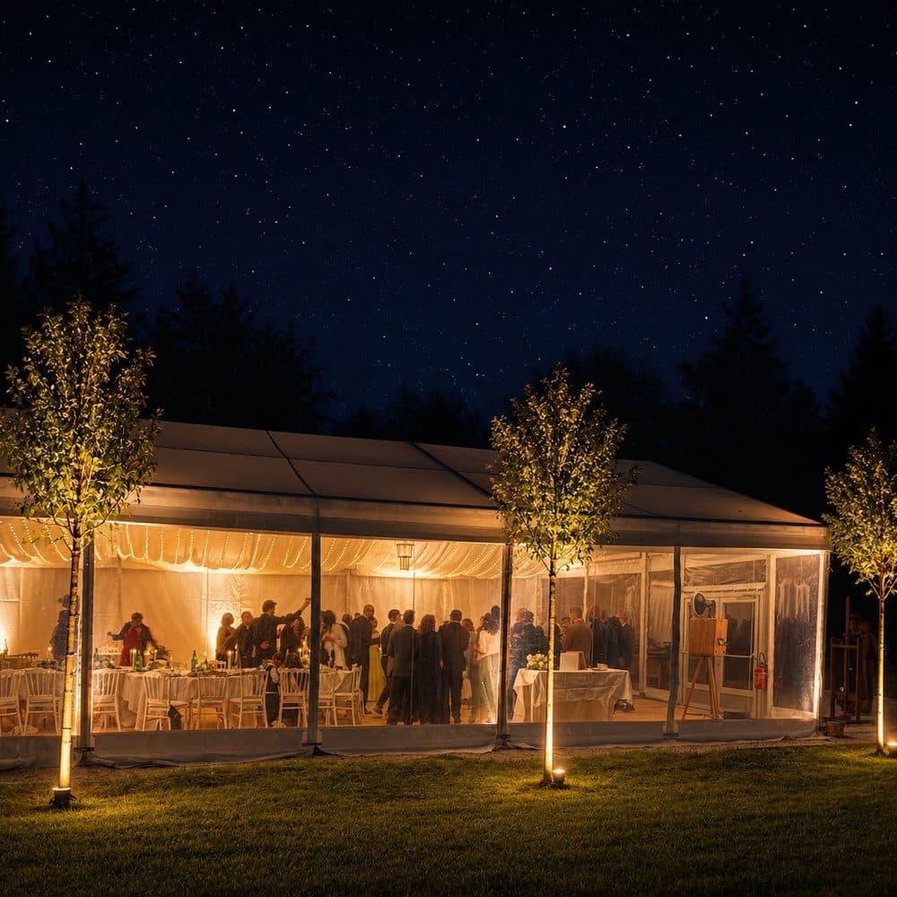 Le Pavillon du Parc illuminé de nuit sous un ciel étoilé