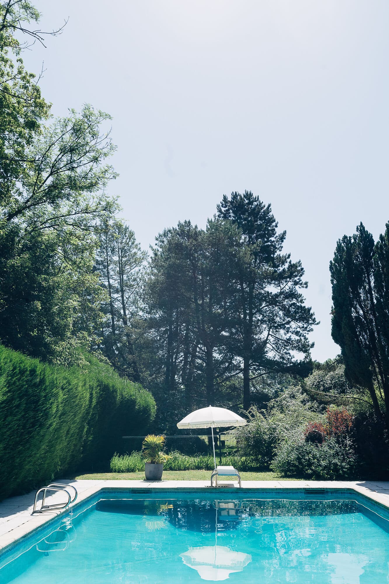 Piscine du domaine entourée de verdure et de grands arbres