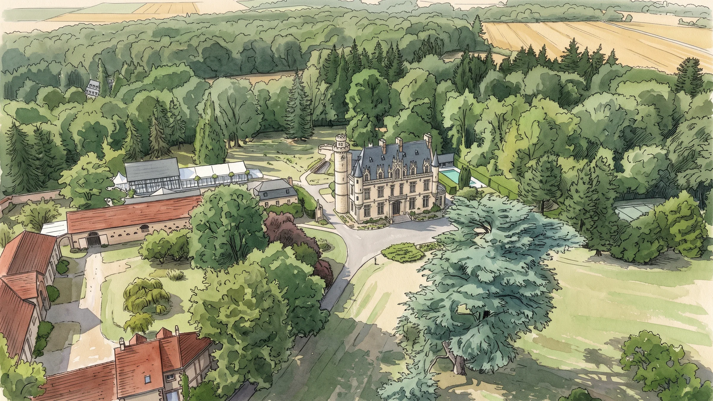 Plan illustré du domaine vu depuis l'arrière du château : le Pavillon du Parc à gauche, le château au centre, la piscine et le court de tennis à droite, le cèdre de 250 ans au premier plan.